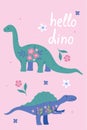 Poster with cute dinosaurs, leaves and flowers. Vector graphics