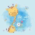 Poster cute giraffe flowers and butterflies.