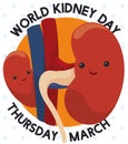 Cute Kidneys Commemorating World Kidney Day in March, Vector Illustration