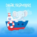 Poster cute little elefant floats on a boat.