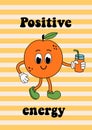 poster with cute orange and juice on a striped background