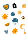Poster big cute set of scandinavian kids cartoon characters: arrows, feather, branch leaf hearts stars in black blue yellow colors