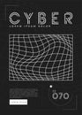 Poster with cyber distorted shape, retro punk design. Wireframe wave geometry shape on black background. Vector