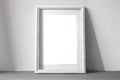 Poster 3d Portrait Wooden frame mockup on white wall. Clean, modern, minimal frame. Empty frame Indoor interior, show text or Royalty Free Stock Photo