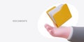 Poster with 3d realistic hand holding yellow folder with different documents Royalty Free Stock Photo