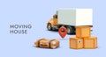 Poster with 3d realistic truck, cardboard boxes, suitcase and place for text