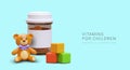 Poster with 3d realistic vitamins for children, teddy bear and educational cubes