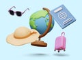 Poster with 3D symbols of modern tourism. Globe, sun hat, plastic suitcase, passport, sunglasses