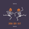 Poster with dancing funny Halloween skeletons with pumpkin heads. Emotional faces. Spooky creepy night.