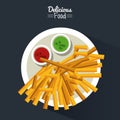 Poster delicious food in black background with dish of fries with sauces