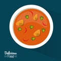 Poster delicious food in dark blue background with dish of soup with vegetables