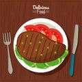 Poster Delicious Food In Kitchen Table Background And Cutlery With Dish Of Grilled Meat With Vegetables