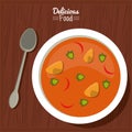 Poster delicious food in kitchen table background and cutlery with dish of soup with vegetables