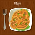 Poster delicious food in kitchen table background with fork and dish of pasta with vegetables