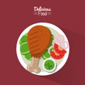 Poster delicious food in purple background with dish of fried chicken with vegetables