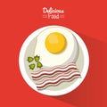 Poster delicious food in red background with dish of fried egg with bacon Royalty Free Stock Photo