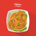 Poster delicious food in red background with dish of pasta with vegetables
