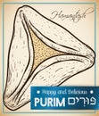 Delicious Hamantash in Hand Drawn Style and Label for Purim, Vector Illustration