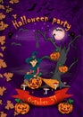 Poster design for all Hallows eve decoration, Halloween, little witch with broom sitting on a pumpkin in the cemetery next to the