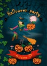 Poster Design For All Saints Eve Holiday Decoration, Halloween, Little Witch Flying On A Broom In The Cemetery