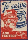 Poster design with illustration of a policeman and a police sign on vintage background