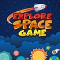 Poster design with spaceship and many planets in space background Royalty Free Stock Photo
