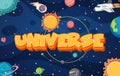 Poster design with spaceship and many planets in the universe Royalty Free Stock Photo