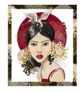 Poster or design t-shirt with Japanese fashion girl, cranes and flowers. Vector illustration.