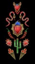 Poster or design t-shirt with traditional Mexican hearts with fire and flowers, embroidered sequins, beads and pearls