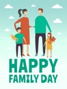 Poster design template with pictures of happy family. Mother, father and little childrens. Stylized vector characters