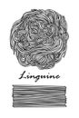 Poster design for traditional Italian pasta, Linguine in black outline and white plane on white background. Royalty Free Stock Photo