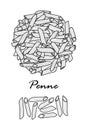 Poster design for traditional Italian pasta, Penne in black outline and white plane on white background.