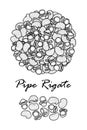 Poster design for traditional Italian pasta, Pipe Rigate in black outline and white plane on white background.