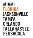 Poster design with various Florida cities and highlighted name of Florida State.