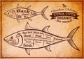 Poster with a detailed diagram of butchering tuna