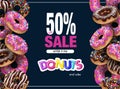 Poster donuts sale with cupcakes pink and chocolate glaze.