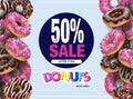 Poster donuts sale with cupcakes pink and chocolate glaze.