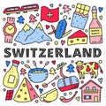 Poster with doodle colored Switzerland travel icons.