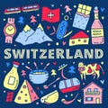 Poster with doodle colorful Switzerland travel icons.