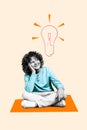 Poster drawing collage of smart schoo student boy thinking have incredible idea light bulb