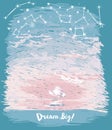 poster for dreams with ocean sunrise or tender sunset and starry sky in sketch style Royalty Free Stock Photo