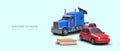 Poster for driving school. Realistic 3d blue truck, red automobile and book Royalty Free Stock Photo
