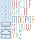 Poster echo light striped font, bright transparent condensed uppercase letters on white background.