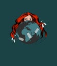 Poster with Ecological Theme: Plastic Pollution. Redhead Woman Representing the Mother Earth Hiding behind the Planet.