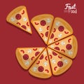 Poster fast food in purple background with pizza in portions