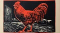 Bold And Dignified: A Black And Red Rooster In The Style Of Neil Welliver