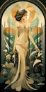 Art Deco Woman In Nature-inspired Circular Doorway: A Golden Hued Concert Poster