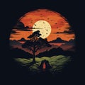 Dark Wood Canvas Art: Sunset Tent With Tree - Psychological Phenomena Illustration