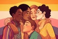A poster featuring homosexual couples of different ethnicities, ages and styles embracing over a Pride flag background. Generative