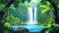 Poster featuring jungle landscape card background. Waterfall in rainforest, green tropical forest with palm trees Royalty Free Stock Photo